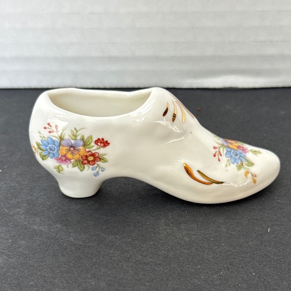 Vintage Floral Peter Gosling Miniature Shoe Figurine Gold Gilt Trim 4 Inch